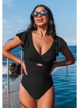 Cupshe Black Flutter Sleeve One-Piece Swimsuit